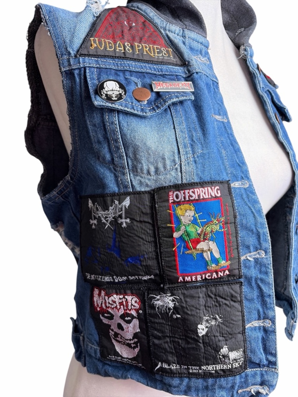 Vintage Blue Denim Patchwork Rock Band Vest 90s Metal Goth Patches Battle Vest